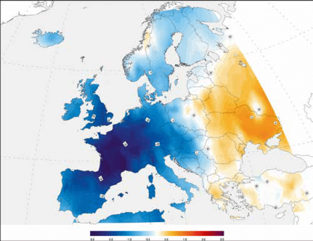 Afwijking van de gemiddelde zomertemperatuur van 1816 ten opzichte van normaal. (Bron KNMI)