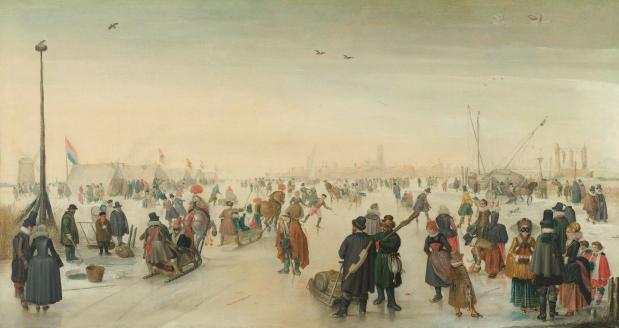 IJsvermaak bij een stad, Hendrick Avercamp, ca. 1620.